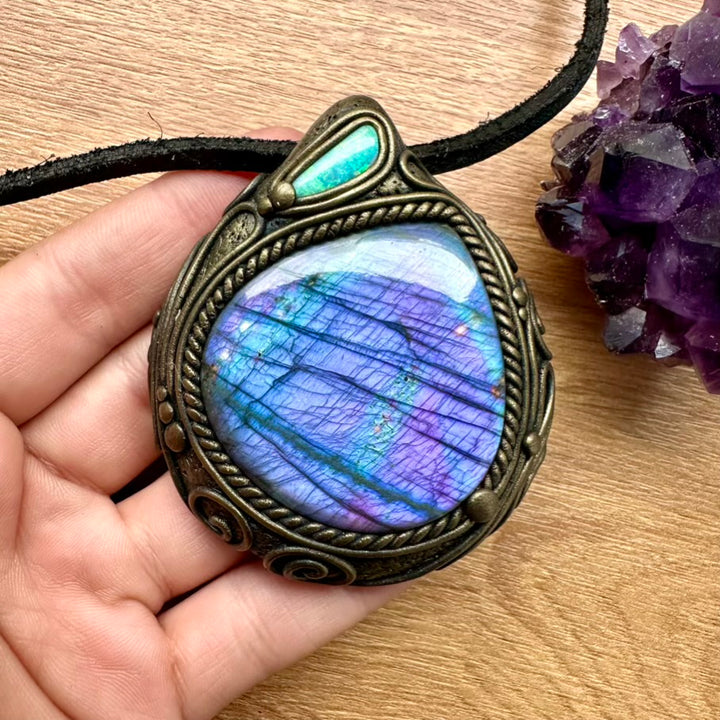 Large Purple Labradorite and Australian Opal Necklace, Unique Crystal Pendant - FairyGardenGlow