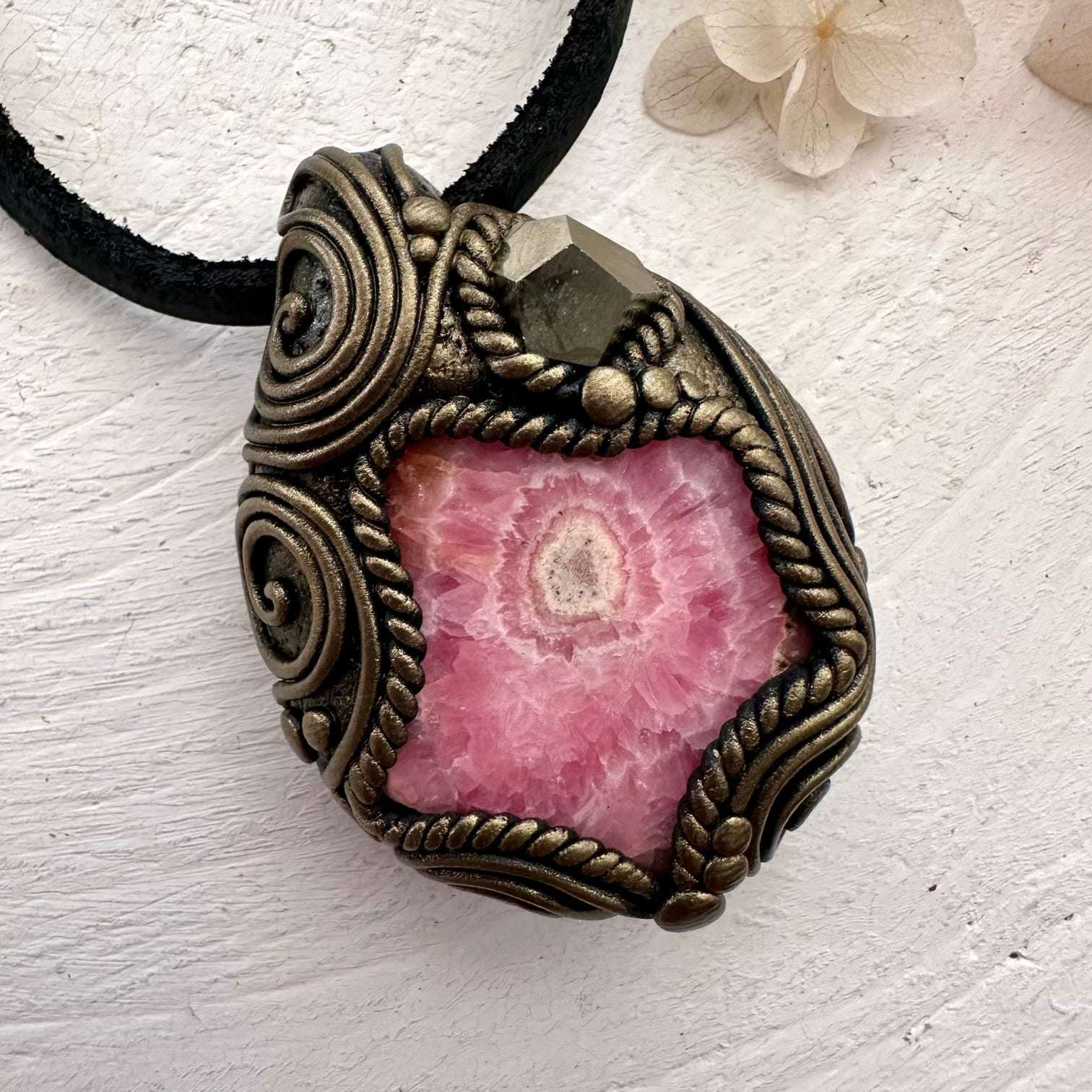 Rhodochrosite and Pyrite Pendant Necklace - FairyGardenGlow