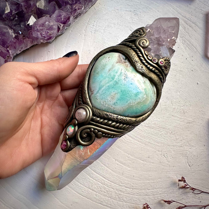 Angel Aura Lemurian Quartz Spirit Quartz Caribbean Calcite Heart Morganite Opal Spinel and Ruby Wand - FairyGardenGlow