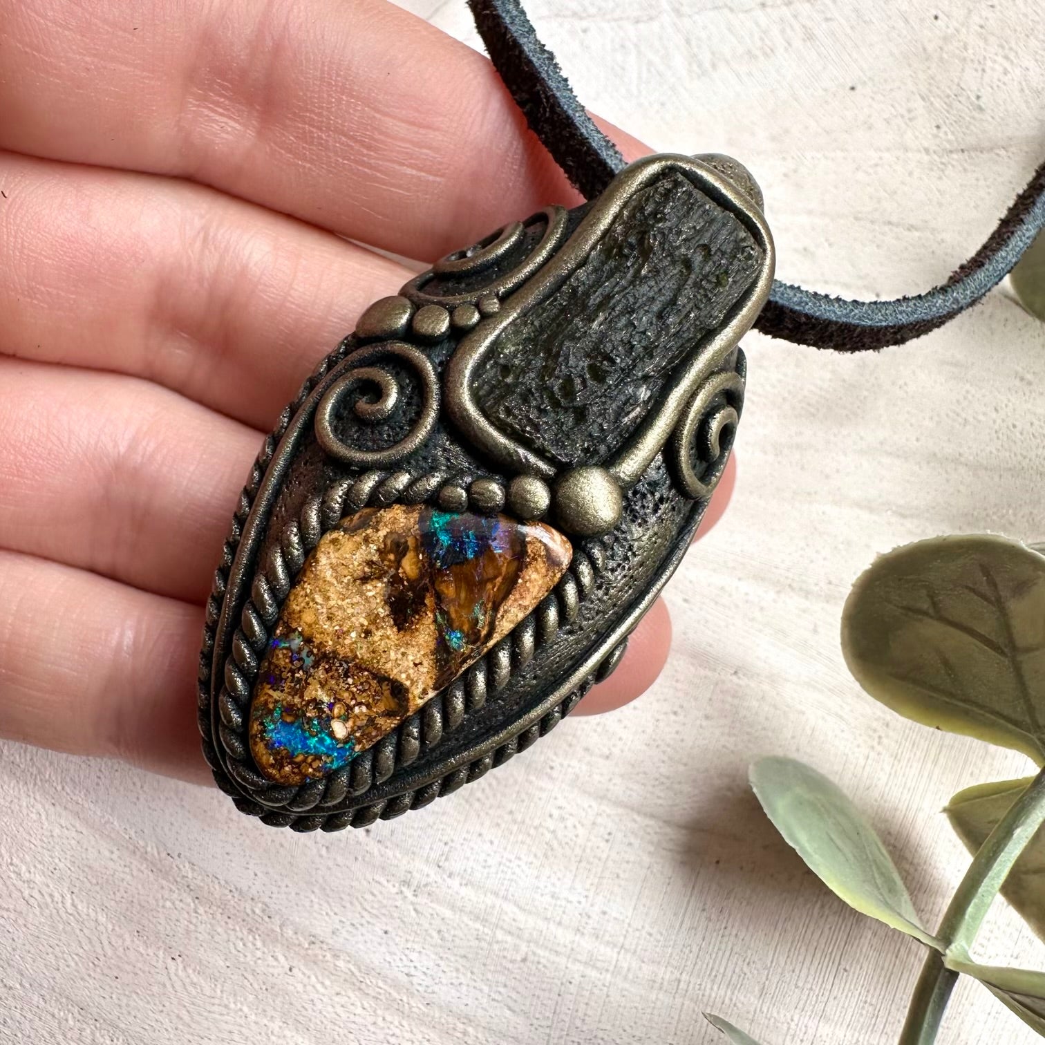 Boulder Opal and Moldavite Pendant, Unisex One of a Kind Necklace