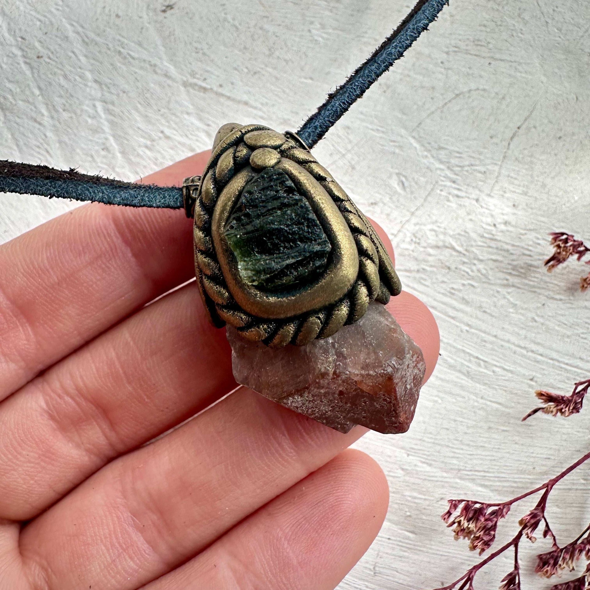 Super Seven Quartz and Moldavite Crystal Necklace - FairyGardenGlow