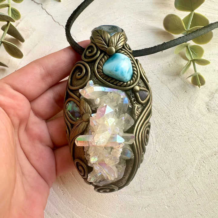 Angel Aura Quartz Cluster pendant necklace handcrafted with Aqua Aura Quartz, Larimar, Abalone Seashell and Raw Tanzanite.