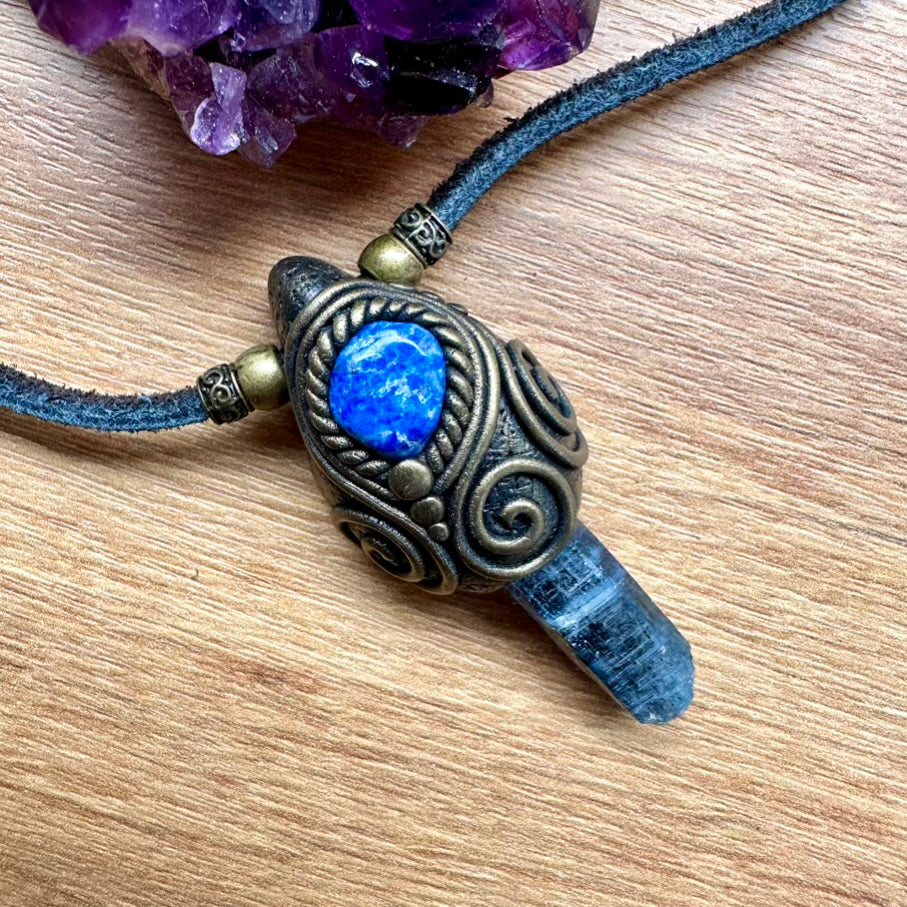 Blue Kyanite and Lapis Lazuli Pendant Necklace, Unisex Handmade Crystal Jewelry - FairyGardenGlow
