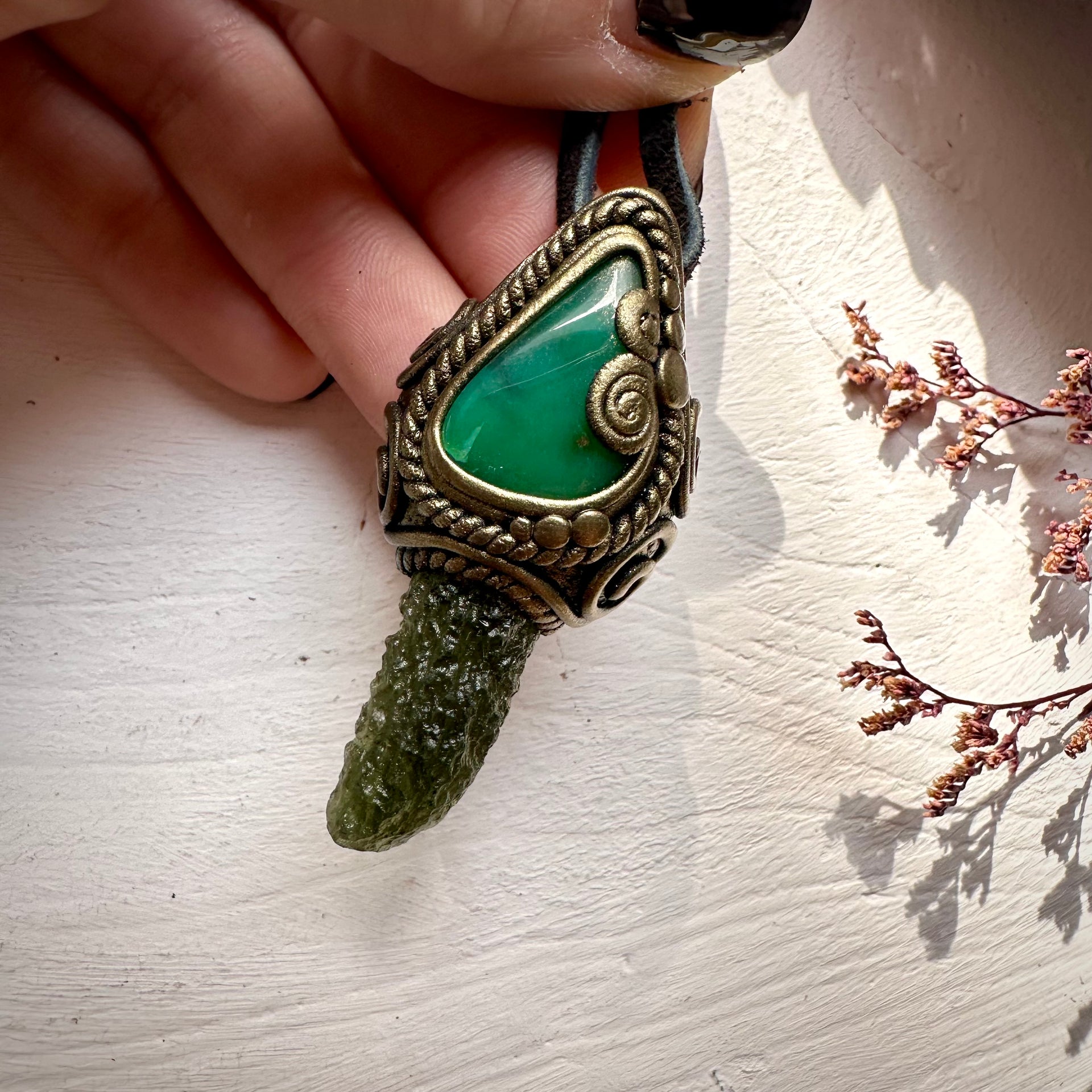 Moldavite and Chrysoprase Pendant Necklace
