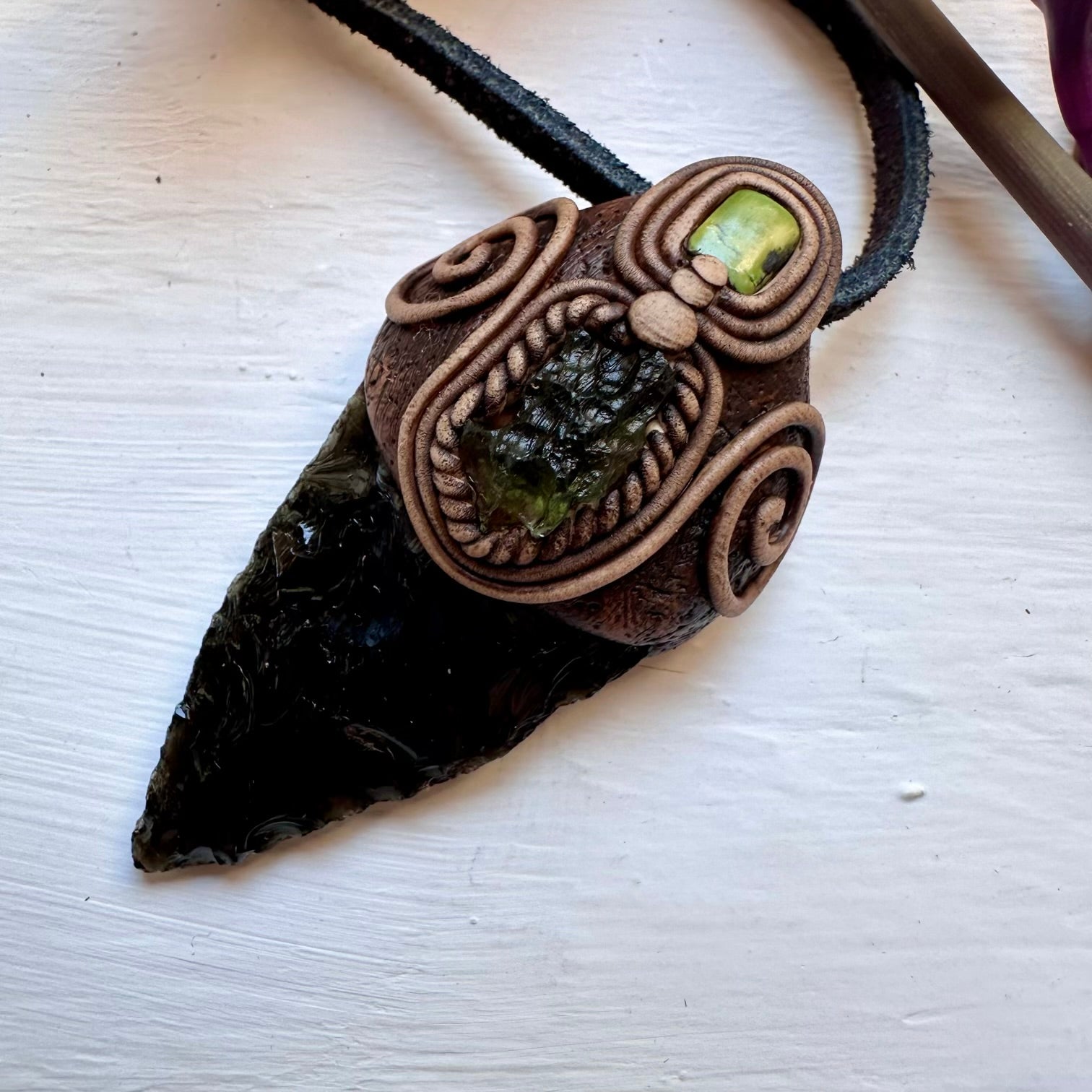 Black Obsidian Arrowhead Moldavite and Tibetan Turquoise Pendant Necklace - FairyGardenGlow