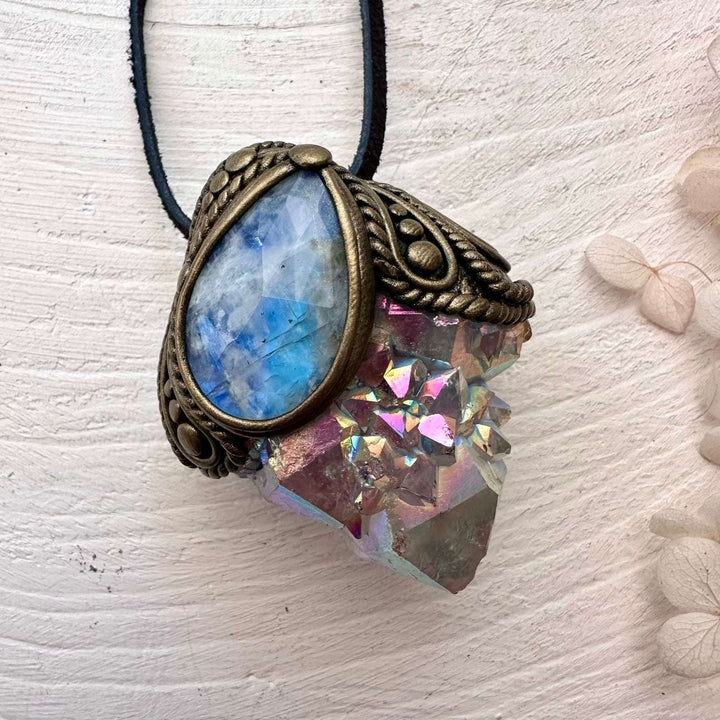 Angel Aura Spirit Quartz and Rainbow Moonstone Pendant - FairyGardenGlow