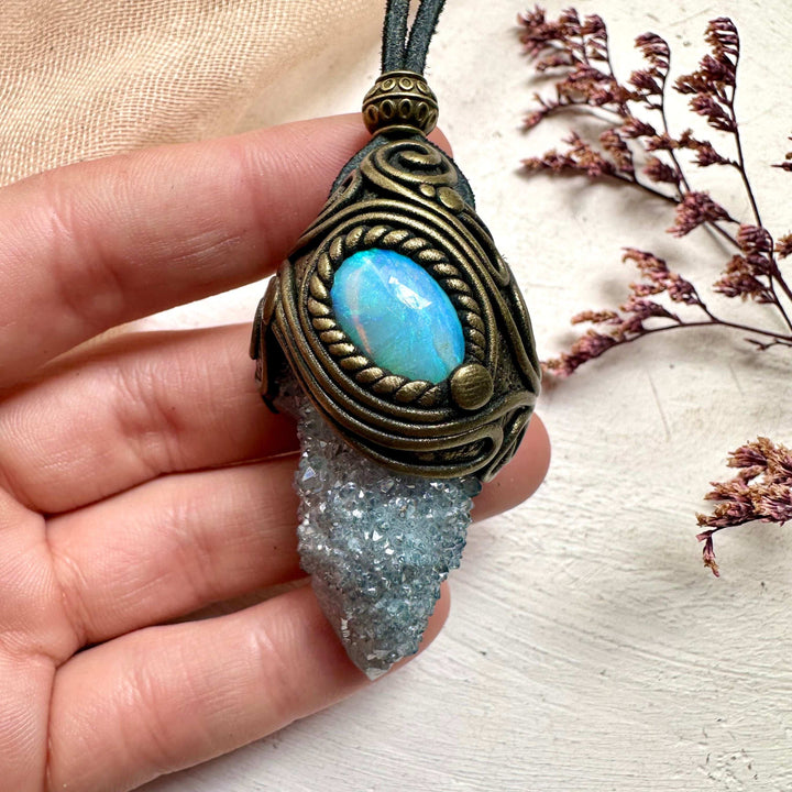Aqua Aura Spirit Quartz and Australian Opal Necklace - FairyGardenGlow