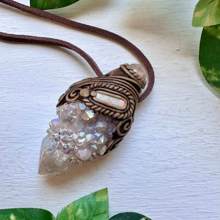 Angel Aura Spirit Quartz Morganite and Australian Opal Pendant Necklace - FairyGardenGlow