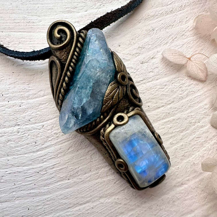 Aqua Aura Quartz and Moonstone Necklace - FairyGardenGlow