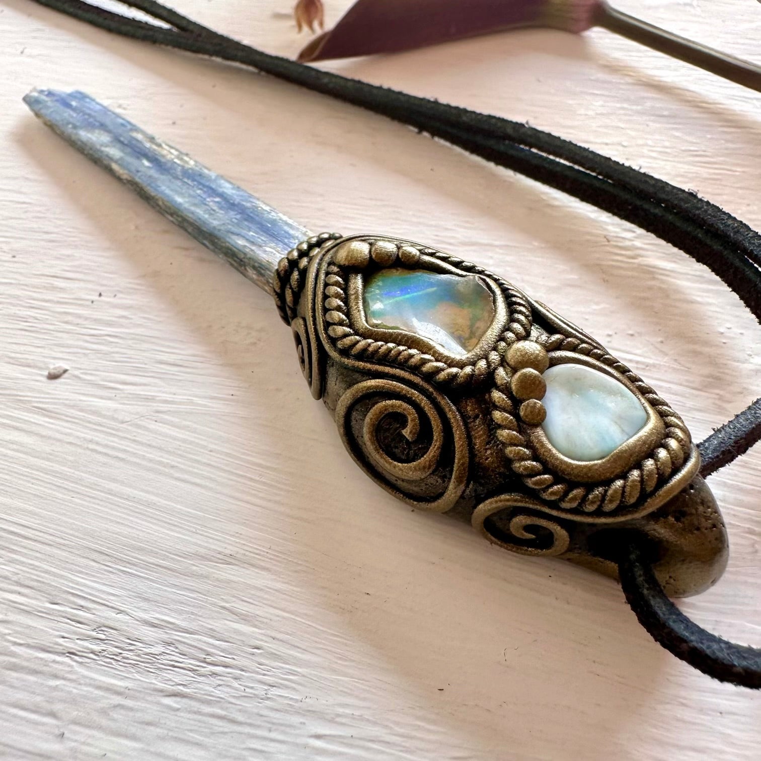 Blue Kyanite Larimar and Raw Opal Wand/ Pendant - FairyGardenGlow