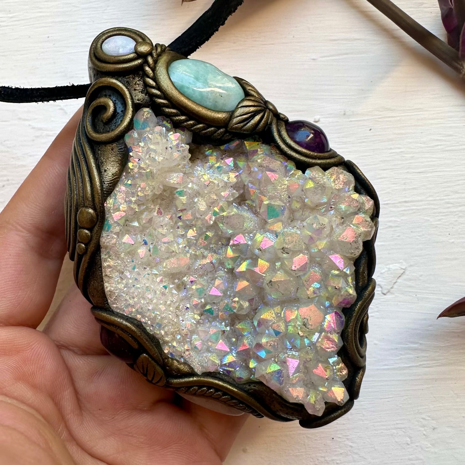 Angel Aura Quartz Cluster Larimar Amethyst Morganite and Australian Opal Wand / Pendant - FairyGardenGlow