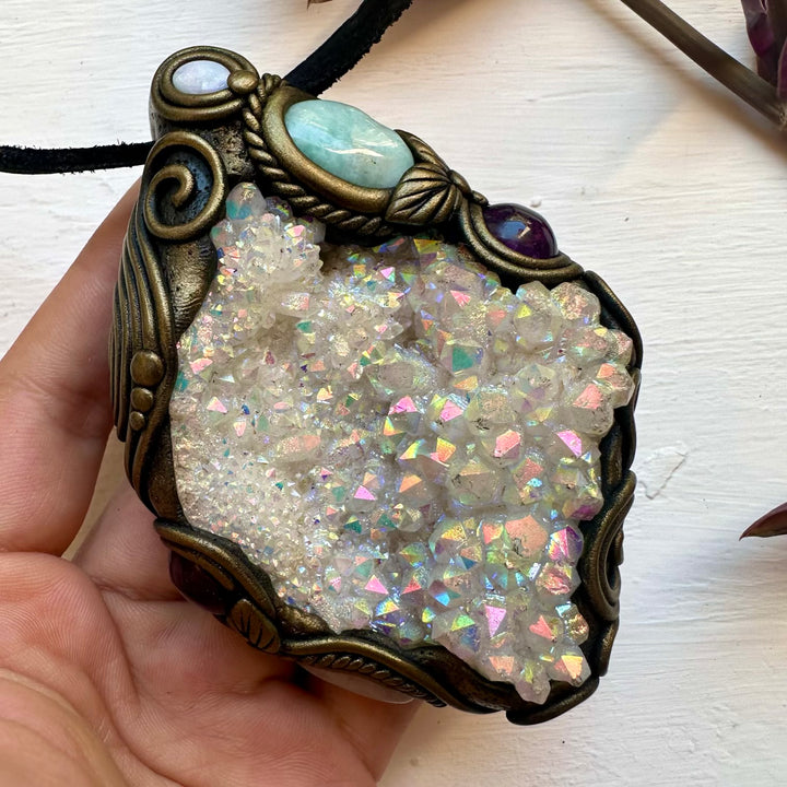 Angel Aura Quartz Cluster Larimar Amethyst Morganite and Australian Opal Wand / Pendant - FairyGardenGlow