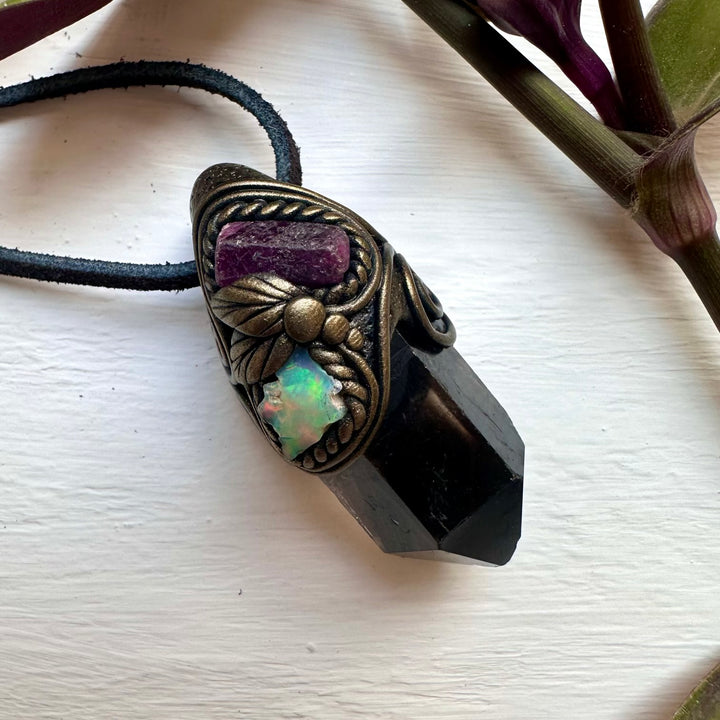 Smoky Quartz Ruby and Raw Opal Necklace - FairyGardenGlow