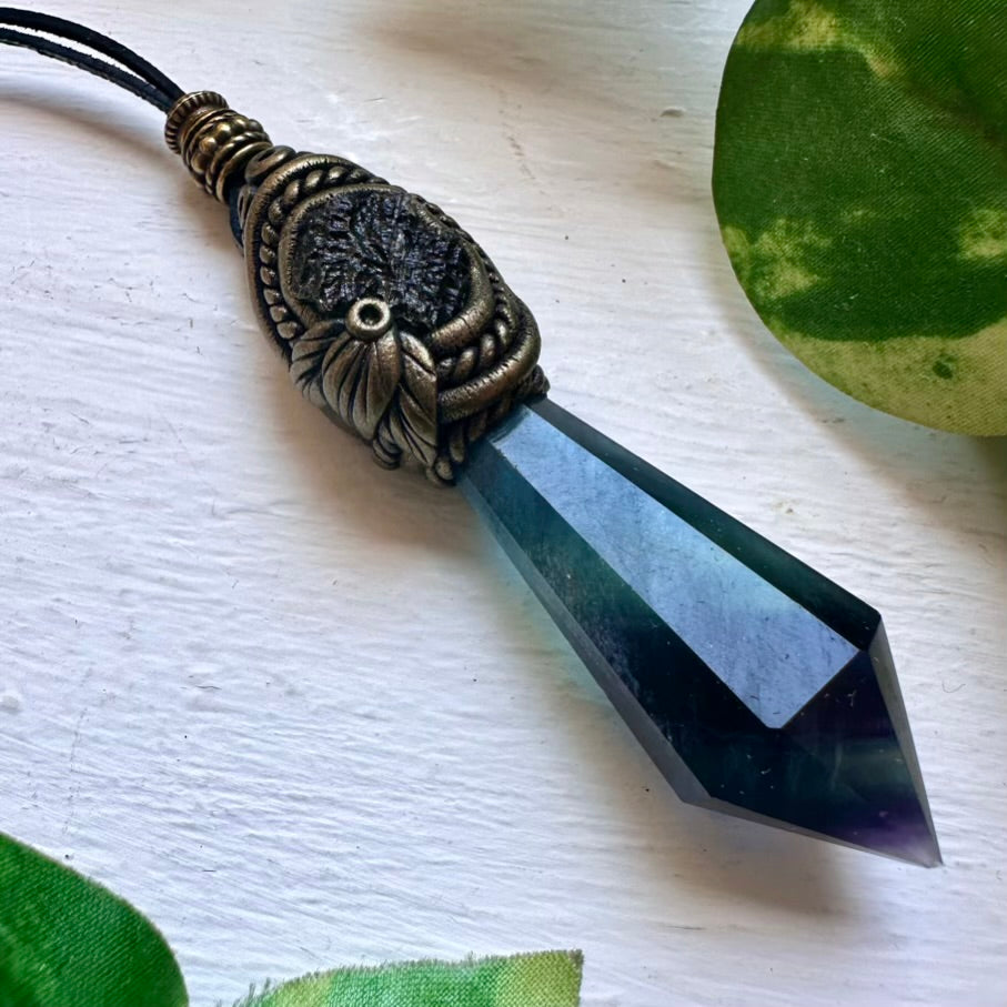 Blue Rainbow Fluorite and Moldavite Pendant Necklace - FairyGardenGlow