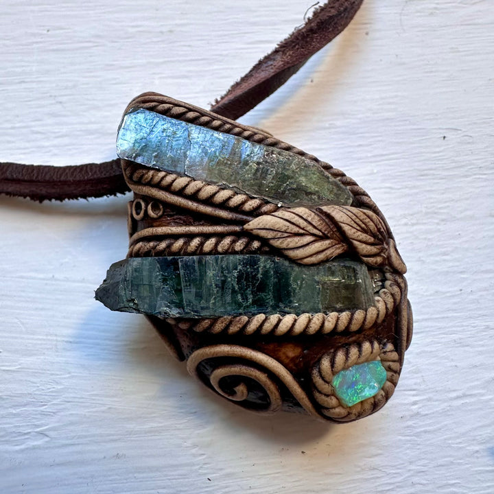Vivianite and Australian Opal Pendant Necklace - FairyGardenGlow