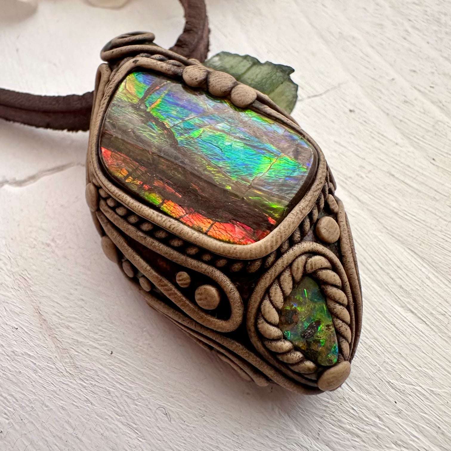 Ammolite Boulder Opal and Moldavite Necklace - FairyGardenGlow