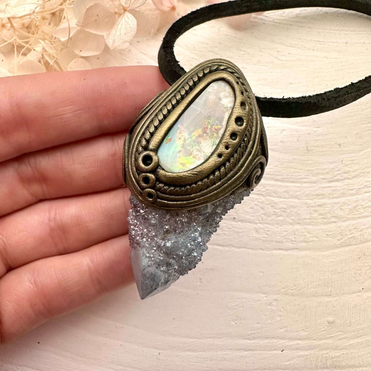 Aqua Aura Spirit Quartz and Coober Pedy Australian Opal Necklace - FairyGardenGlow