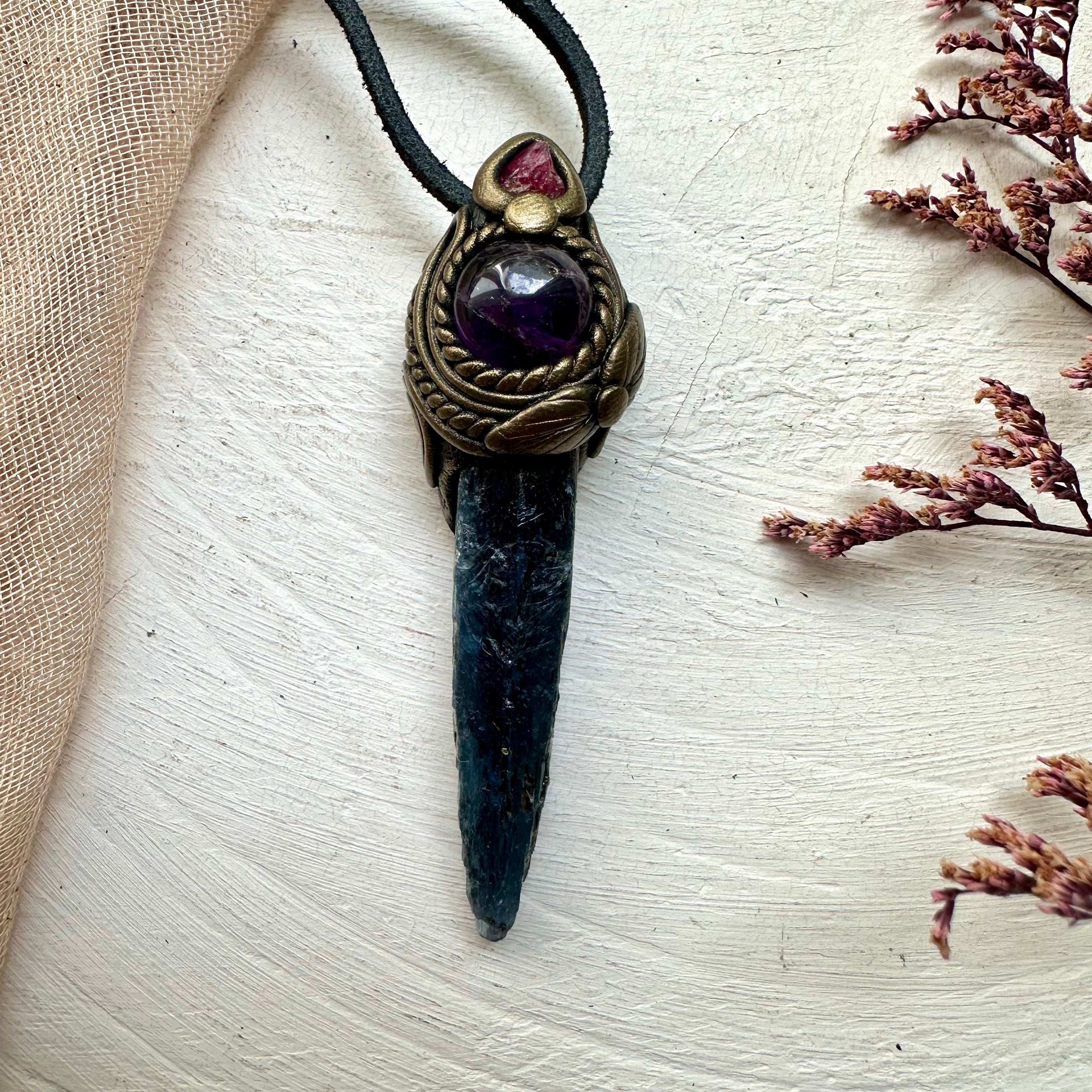 Blue Kyanite Amethyst and Raw Spinel Necklace - FairyGardenGlow