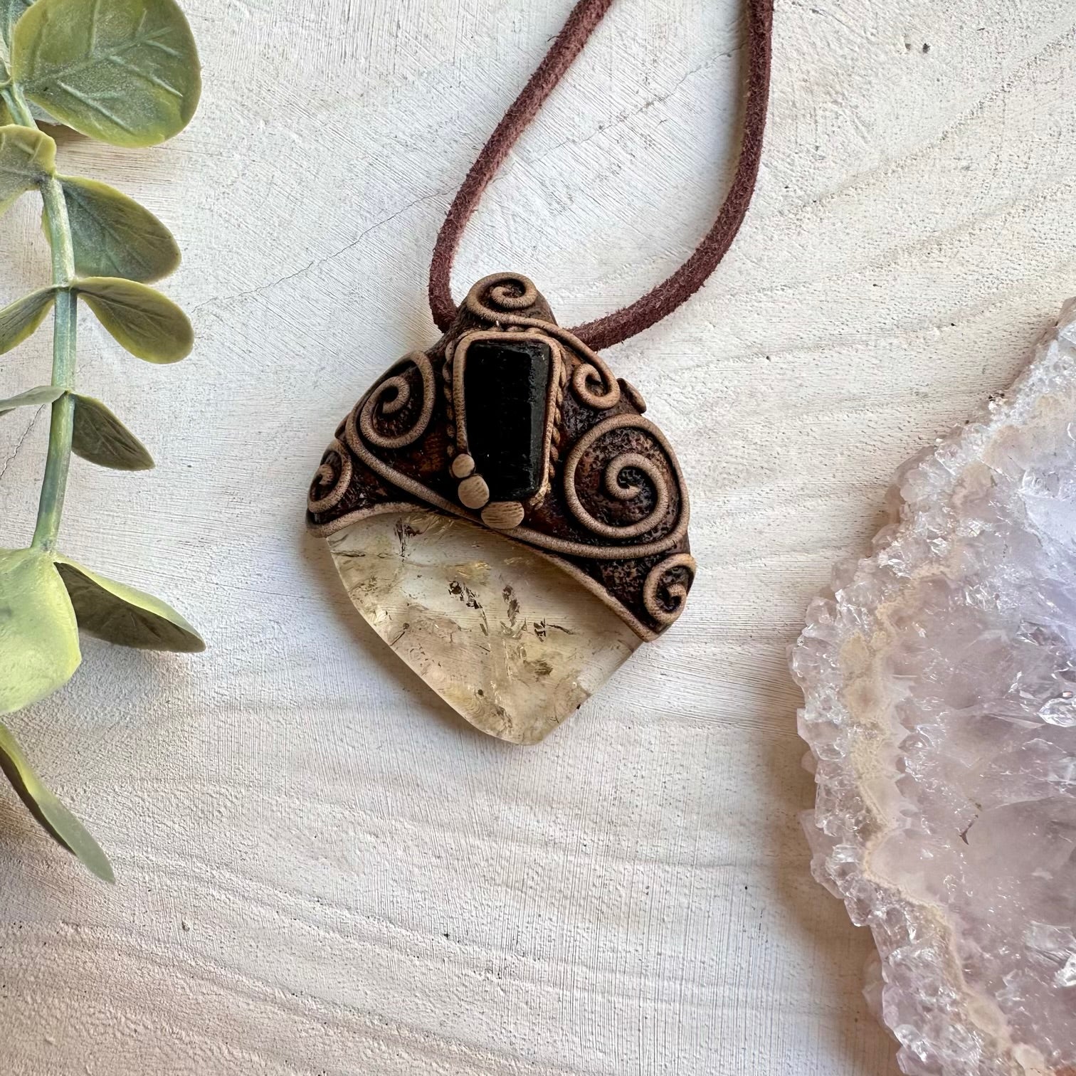 Polished Citrine and Black Tourmaline Necklace
