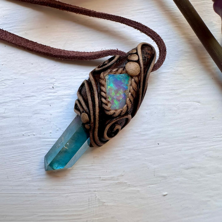 Aqua Aura Quartz and Raw Opal Necklace - FairyGardenGlow