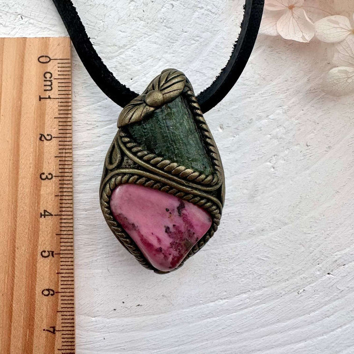 Rhodonite and Moldavite Pendant Necklace - FairyGardenGlow