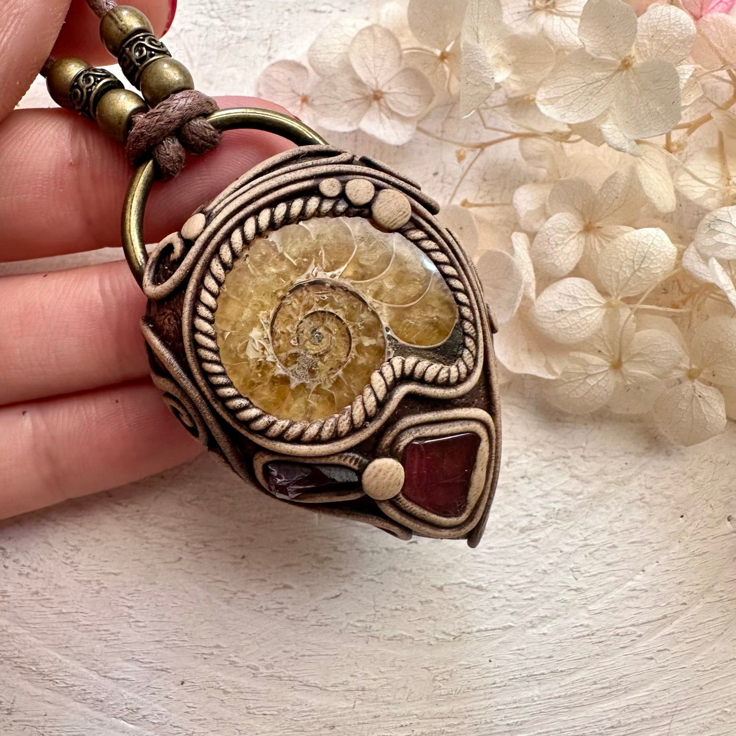 Ammonite Rhodolite Garnet and Pink Tourmaline Necklace - FairyGardenGlow