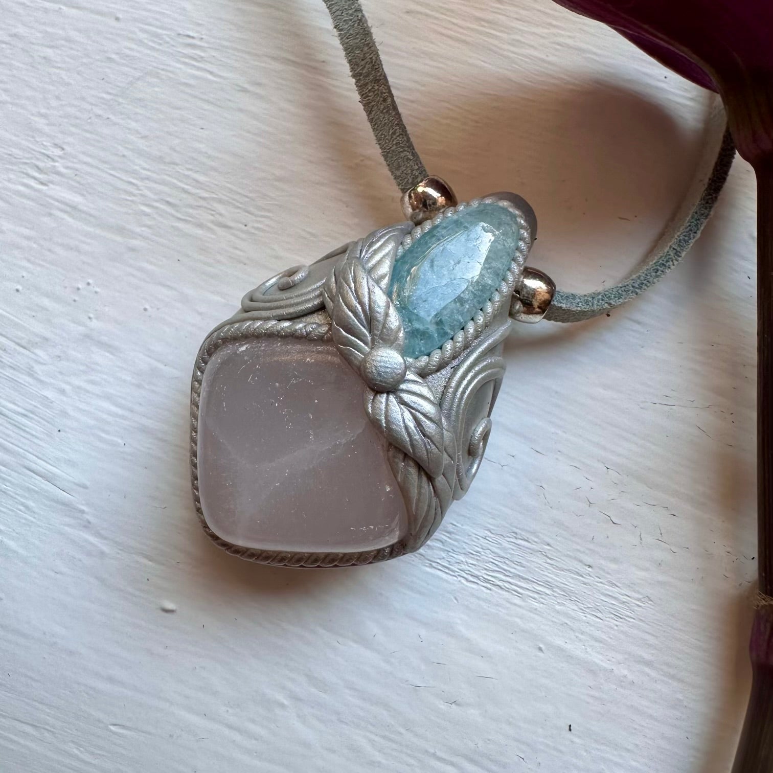 Mango Calcite and Aquamarine Pendant Necklace - FairyGardenGlow
