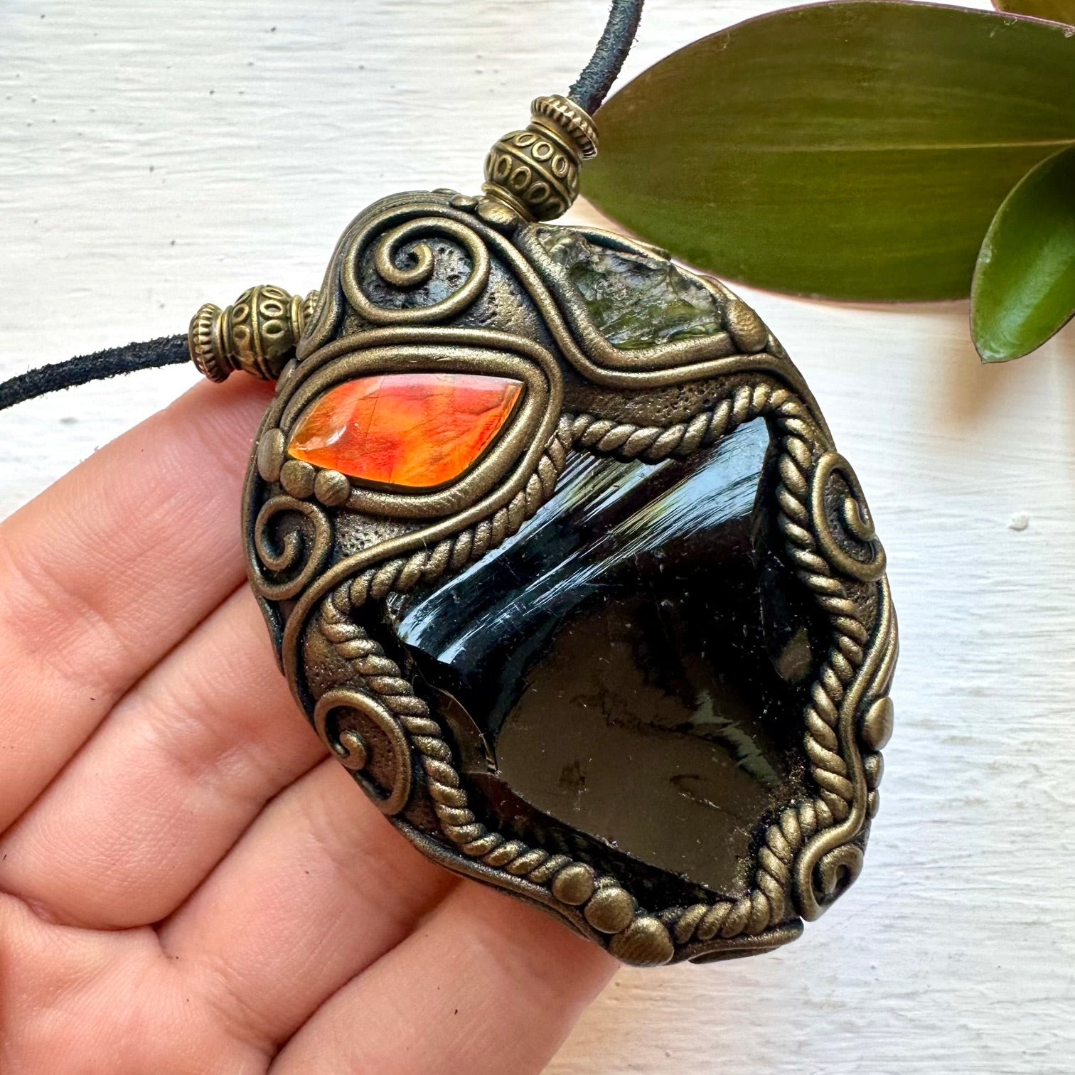 Black Obsidian Ammolite and Moldavite Necklace - FairyGardenGlow