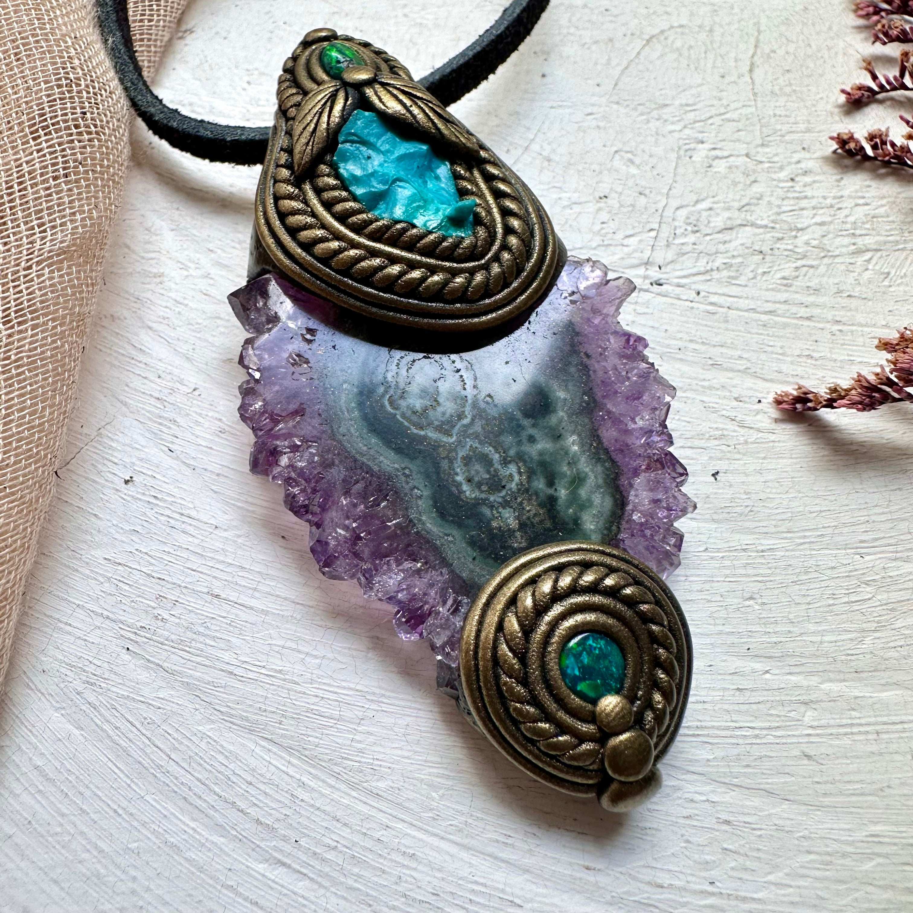 Amethyst Stalactite Raw Chrysocolla and Black Opal Necklace - FairyGardenGlow