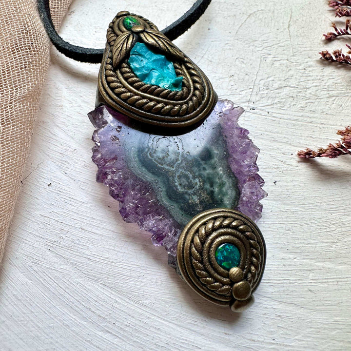 Amethyst Stalactite Raw Chrysocolla and Black Opal Necklace - FairyGardenGlow
