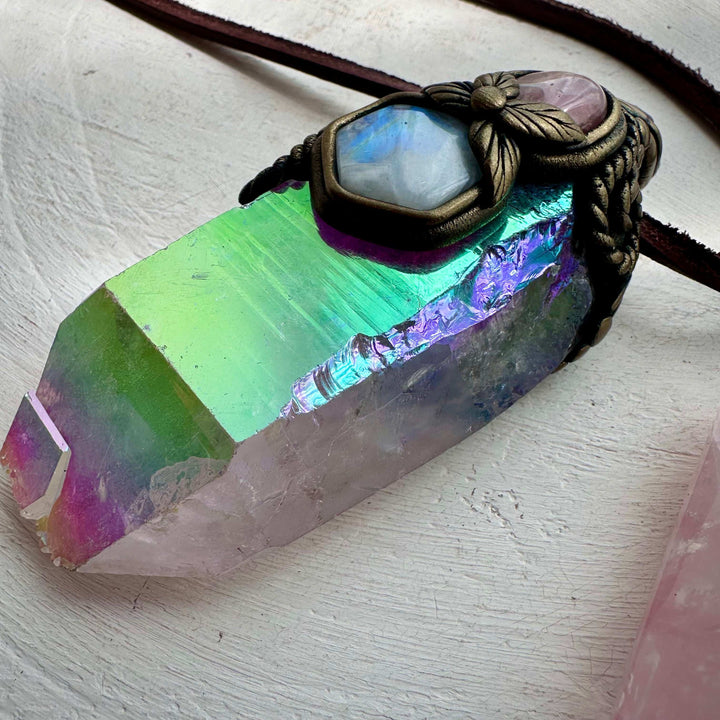 Crystal Wand / Pendant, Angel Aura Quartz Rainbow Moonstone, Rose Quartz, Raw Ruby - FairyGardenGlow