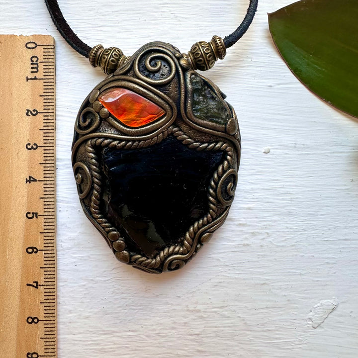 Black Obsidian Ammolite and Moldavite Necklace - FairyGardenGlow