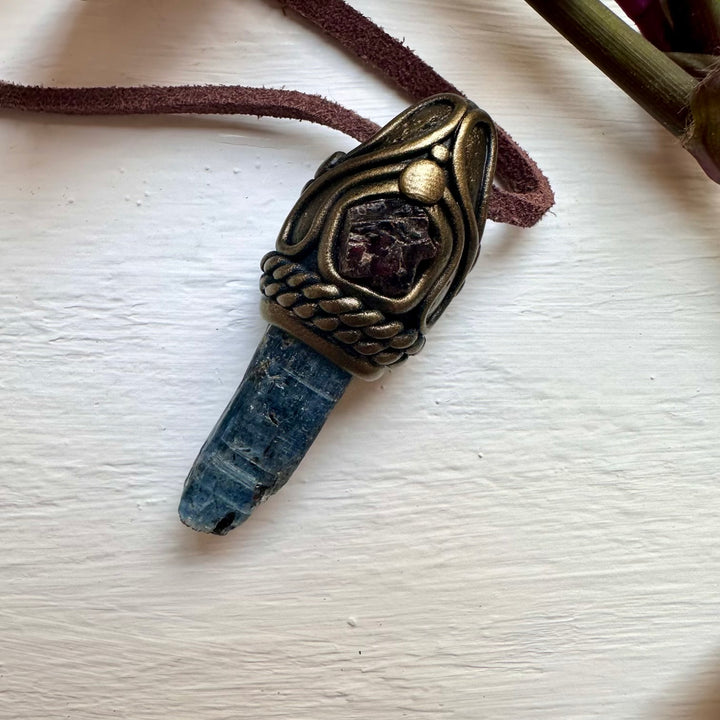 Blue Kyanite and Red Garnet Pendant - FairyGardenGlow