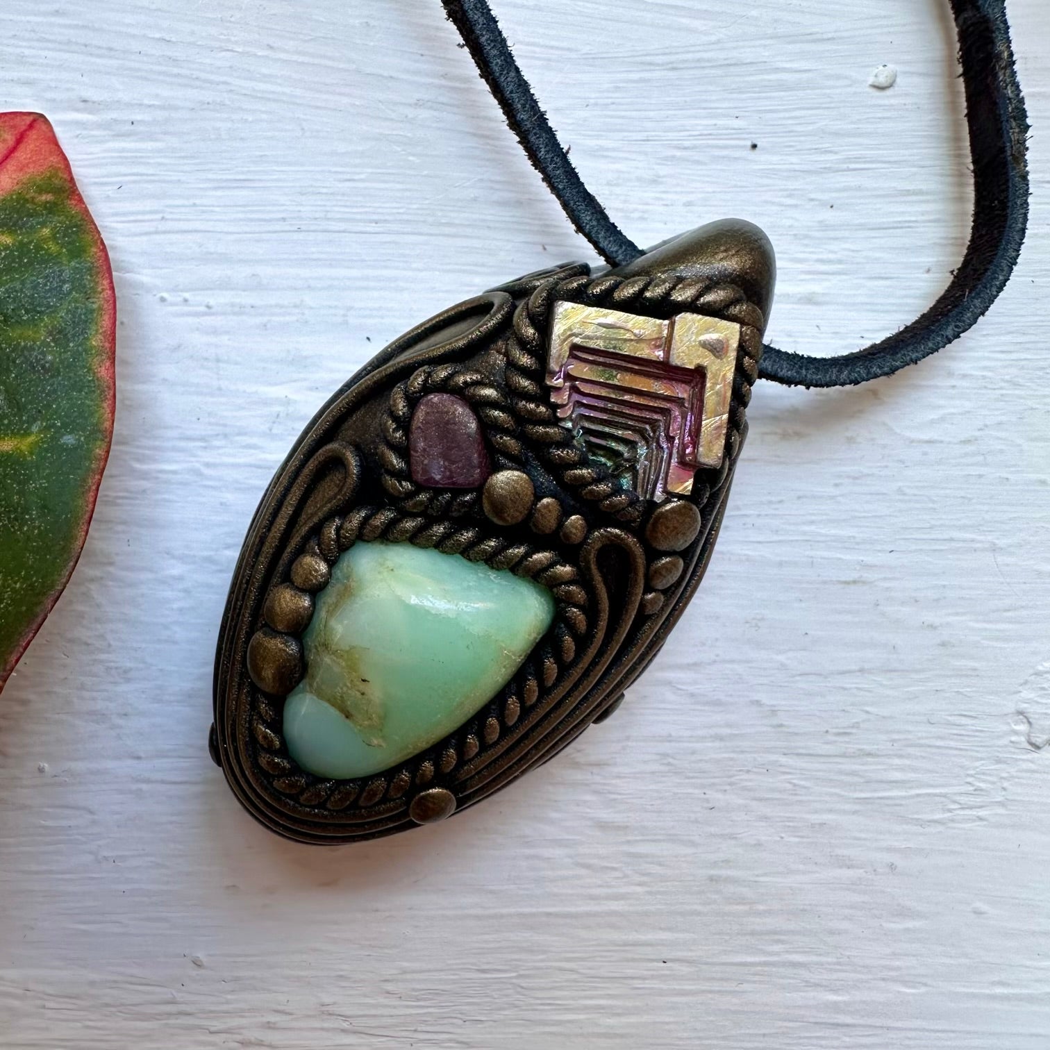 Chrysoprase Bismuth and Ruby Necklace - FairyGardenGlow