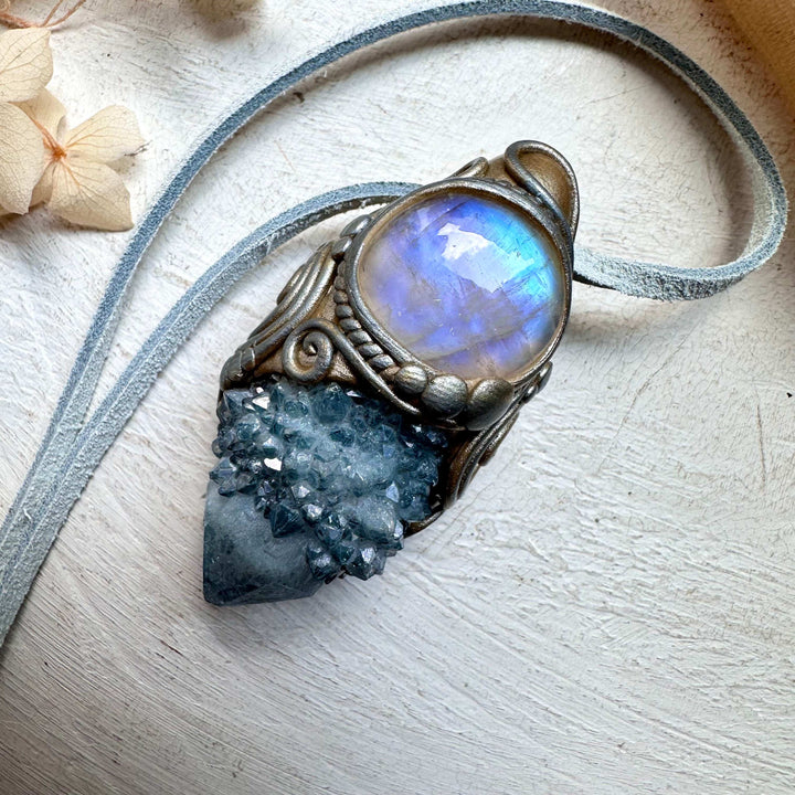 Aqua Aura Spirit Quartz and Moonstone Necklace - FairyGardenGlow