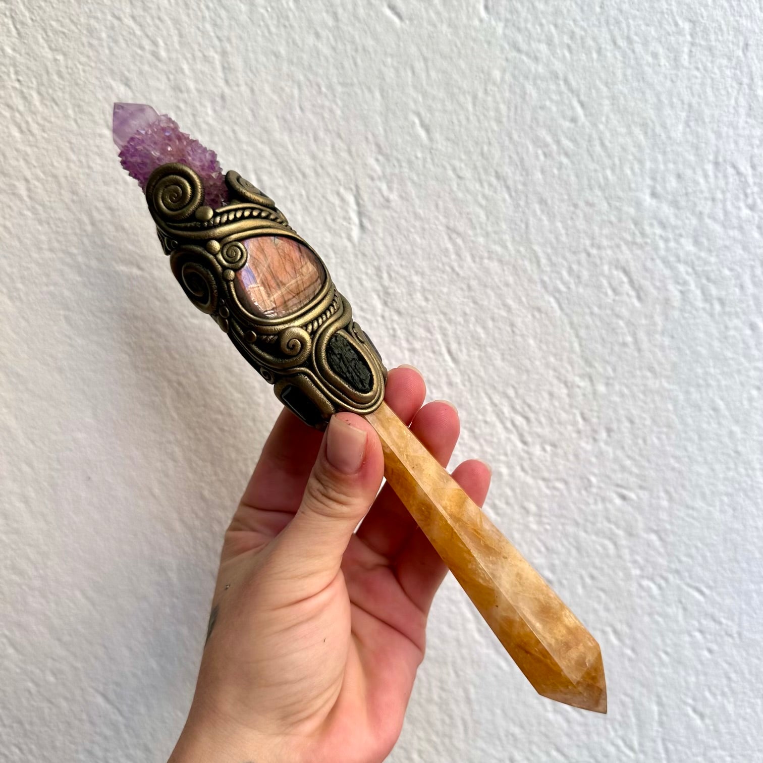 Natural crystal wand featuring Golden Healer Quartz and genuine gemstones for intention setting.