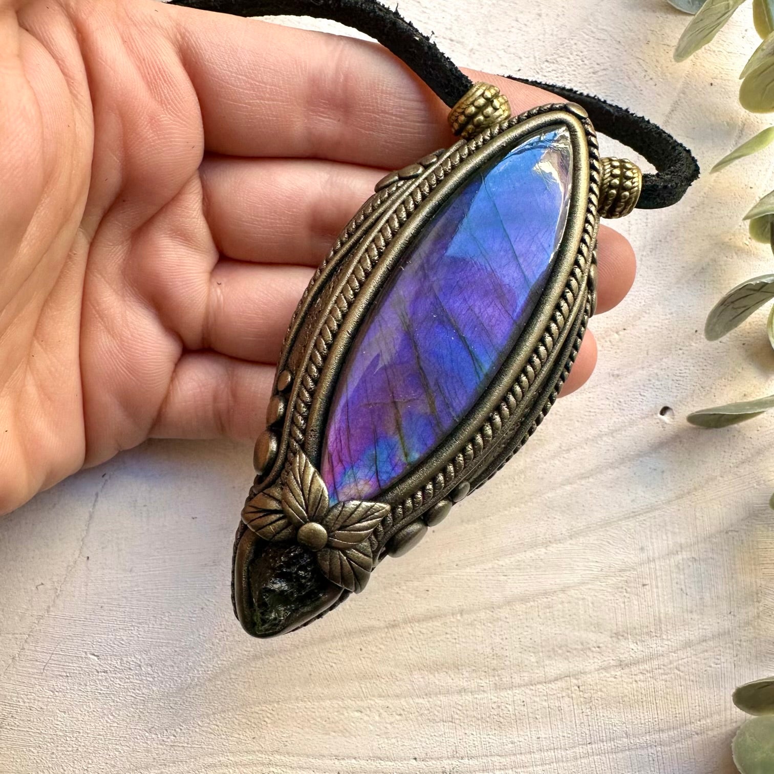 Purple Labradorite and Moldavite Pendant Necklace