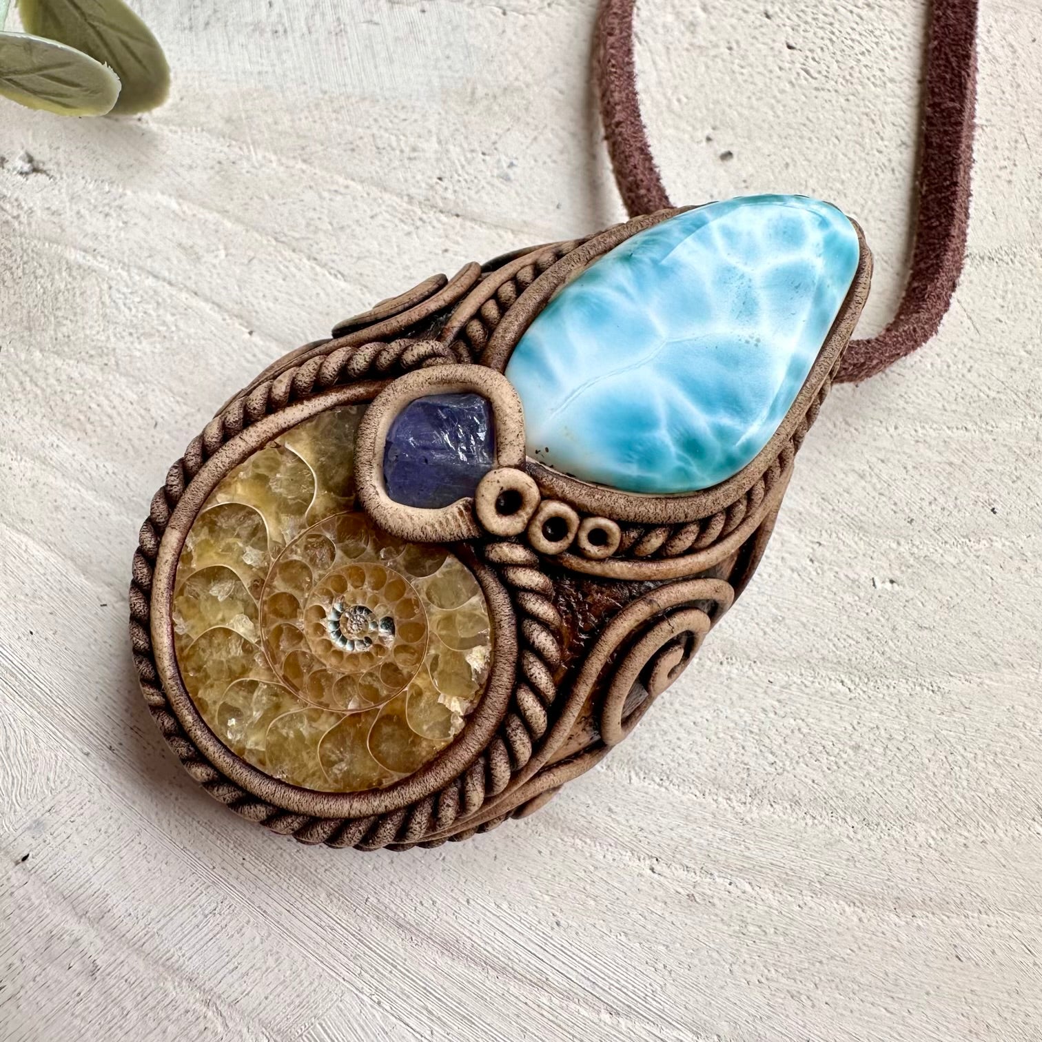 Natural gemstone necklace with ammonite fossil and larimar