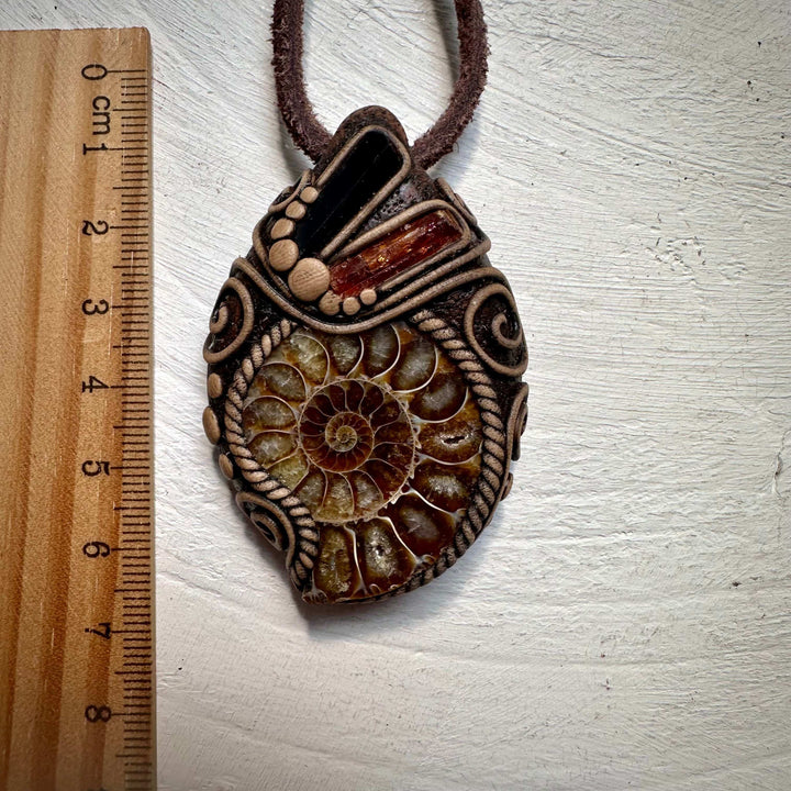 Ammonite Black Tourmaline and Imperial Topaz Pendant Necklace - FairyGardenGlow
