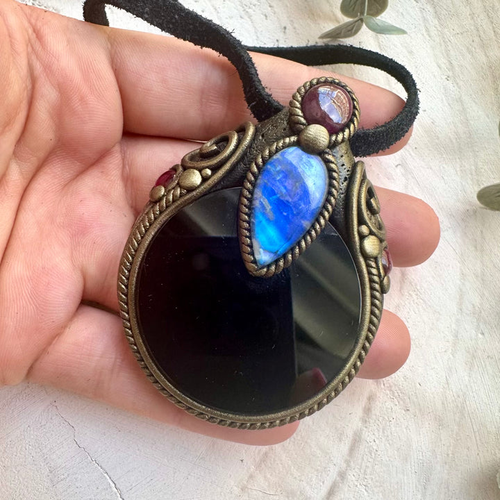 Handmade Obsidian Mirror Necklace with Rainbow Moonstone – Intuition & Protection Amulet