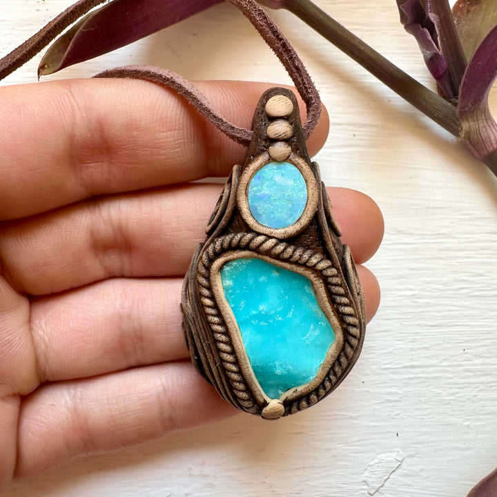 Blue Hemimorphite and Australian Opal Doublet Necklace - FairyGardenGlow