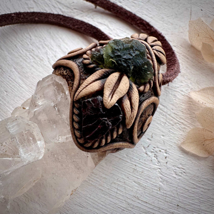 Faden Quartz Moldavite and Red Garnet Necklace - FairyGardenGlow
