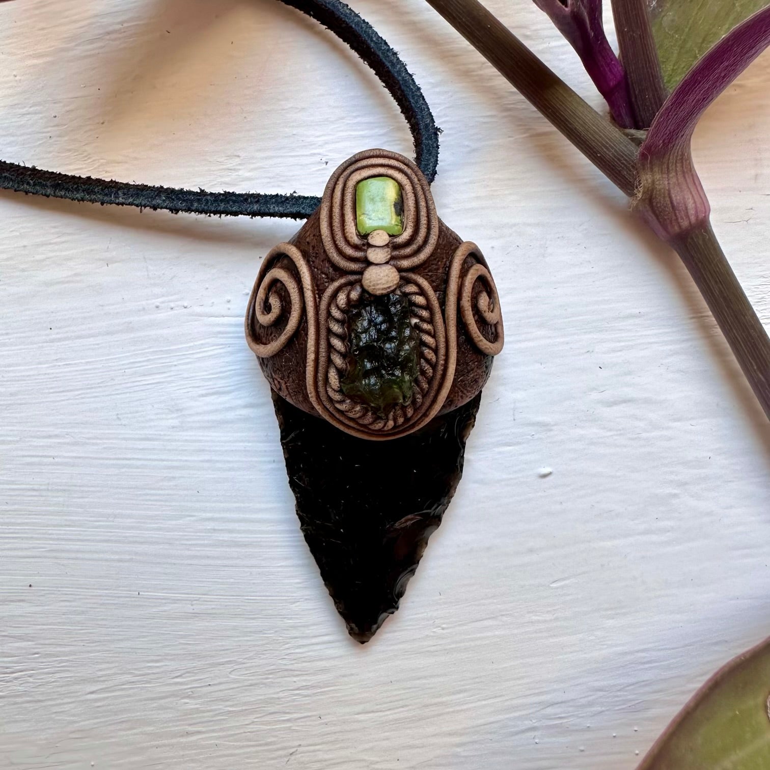 Black Obsidian Arrowhead Moldavite and Tibetan Turquoise Pendant Necklace - FairyGardenGlow