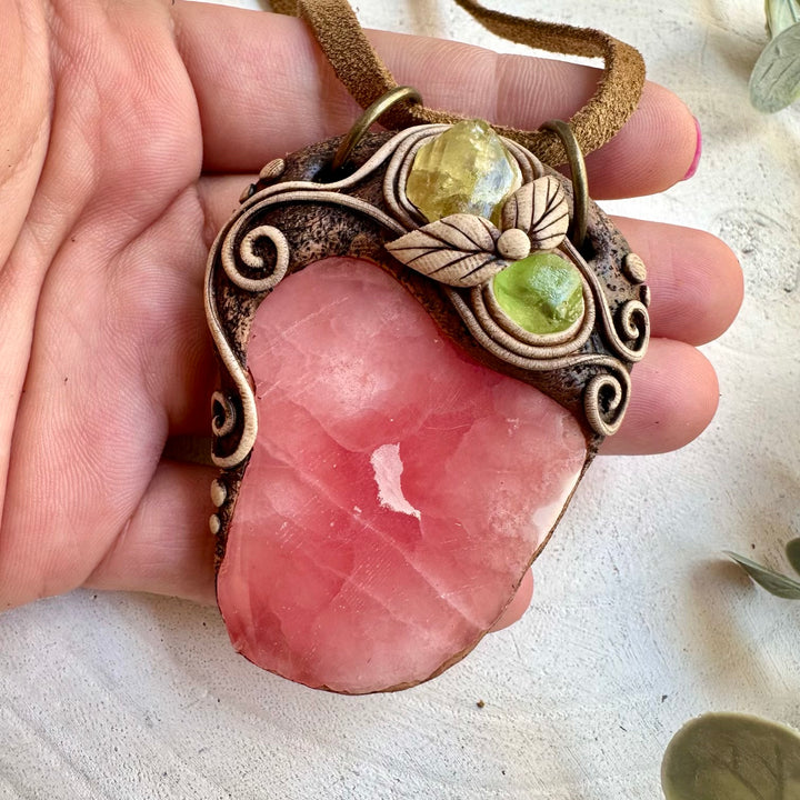 Handmade gemstone pendant necklace with pink green and golden crystals