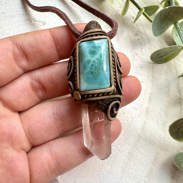 Lemurian quartz and larimar healing crystal necklace