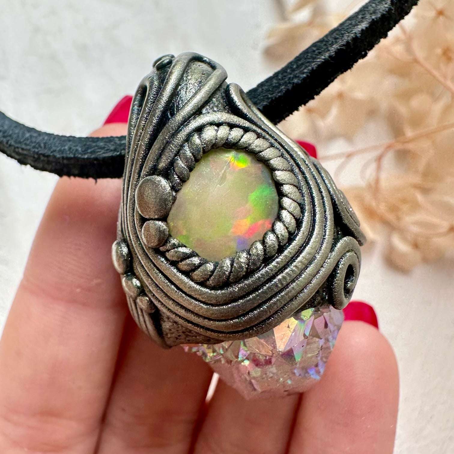 Angel Aura Spirit Quartz and Raw Opal Necklace - FairyGardenGlow