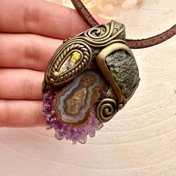Amethyst Stalactite Moldavite and Boulder Opal Pendant, Handmade Crystal Necklace - FairyGardenGlow