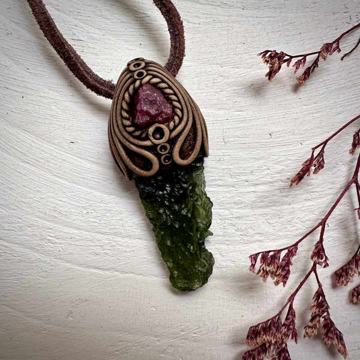 Moldavite and Raw Spinel Necklace - FairyGardenGlow