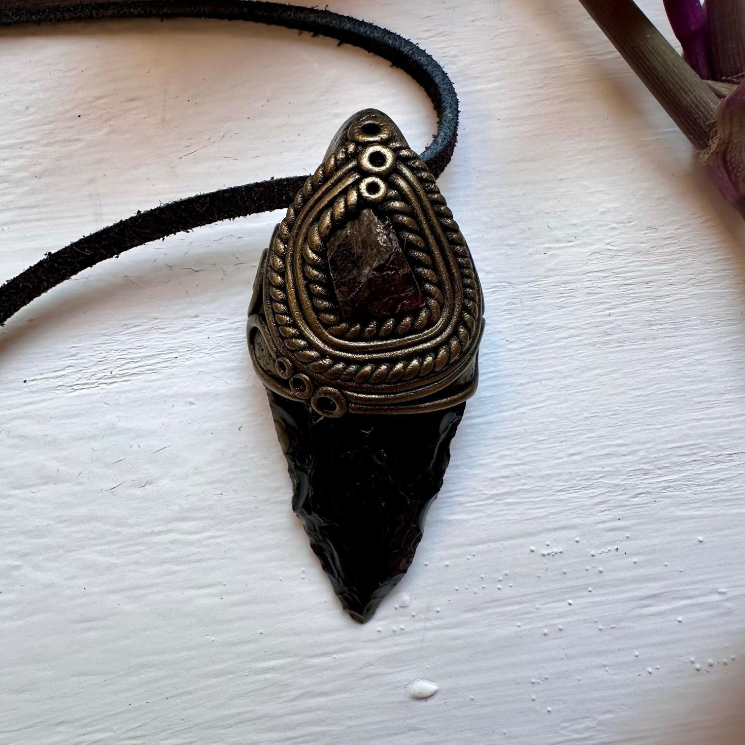 Black Obsidian Arrowhead and Red Garnet Necklace - FairyGardenGlow