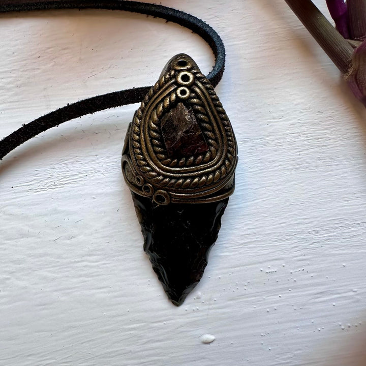 Black Obsidian Arrowhead and Red Garnet Necklace - FairyGardenGlow